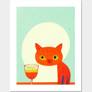 Homebar Cat Retro Poster Vintage Art Cat Wall Orange Turquoise Illustration Posters and Art